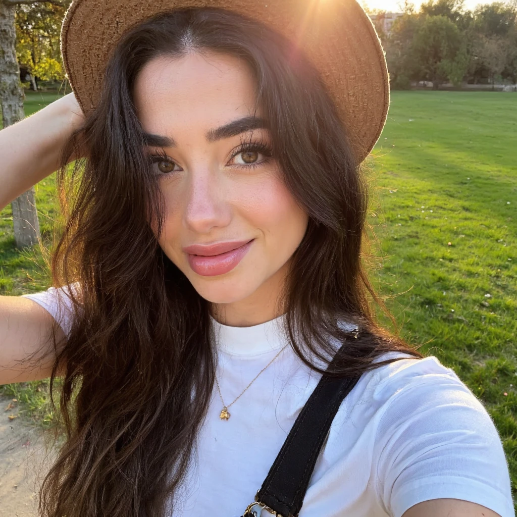 ((melhor qualidade)), ((obra de arte)), (detalhado), rosto perfeito ((meia idade)) ((33 anos)) brunette with long black hair Spanish Latin features, com olhos verdes grandes e brilhantes, posing for a selfie wearing a floral sundress