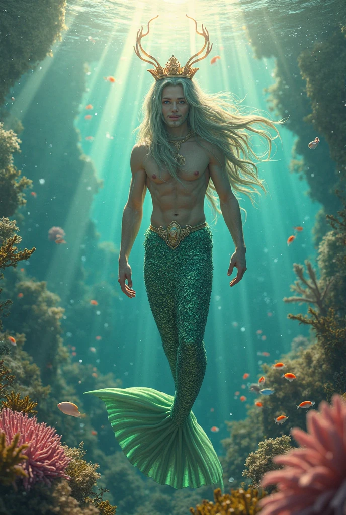 "A breathtakingly beautiful, androgynous male merman floats gracefully before us, his presence both ethereal and captivating. His long, flowing white hair dances in the currents, framing a face of delicate, androgynous beauty. His eyes are a mesmerizing sapphire blue, conveying a sense of gentle wisdom and otherworldly charm.
The merman’s skin is pale and flawless, but scattered across his torso are random patterns of shimmering blue and gold scales, adding to his fantastical and enchanting appearance. In place of legs, he has a long, flowing tail, the scales glistening like thousands of precious gems as it undulates through the water.
The merman’s upper body is lean and androgynous, with no visible body or facial hair. His features are soft and youthful, yet there is an undeniable allure and magnetism to his appearance. The viewer is drawn inexorably to his captivating gaze and the graceful, otherworldly movements of his magnificent tail.
The underwater scene should be rendered with the utmost attention to detail, from the intricate textures of the merman’s scales to the shimmering, kaleidoscopic refractions of light through the water. The overall composition should emphasize the merman’s ethereal beauty and enchanting presence, capturing the viewer’s imagination and leaving them spellbound by this truly mesmerizing creature of the deep."