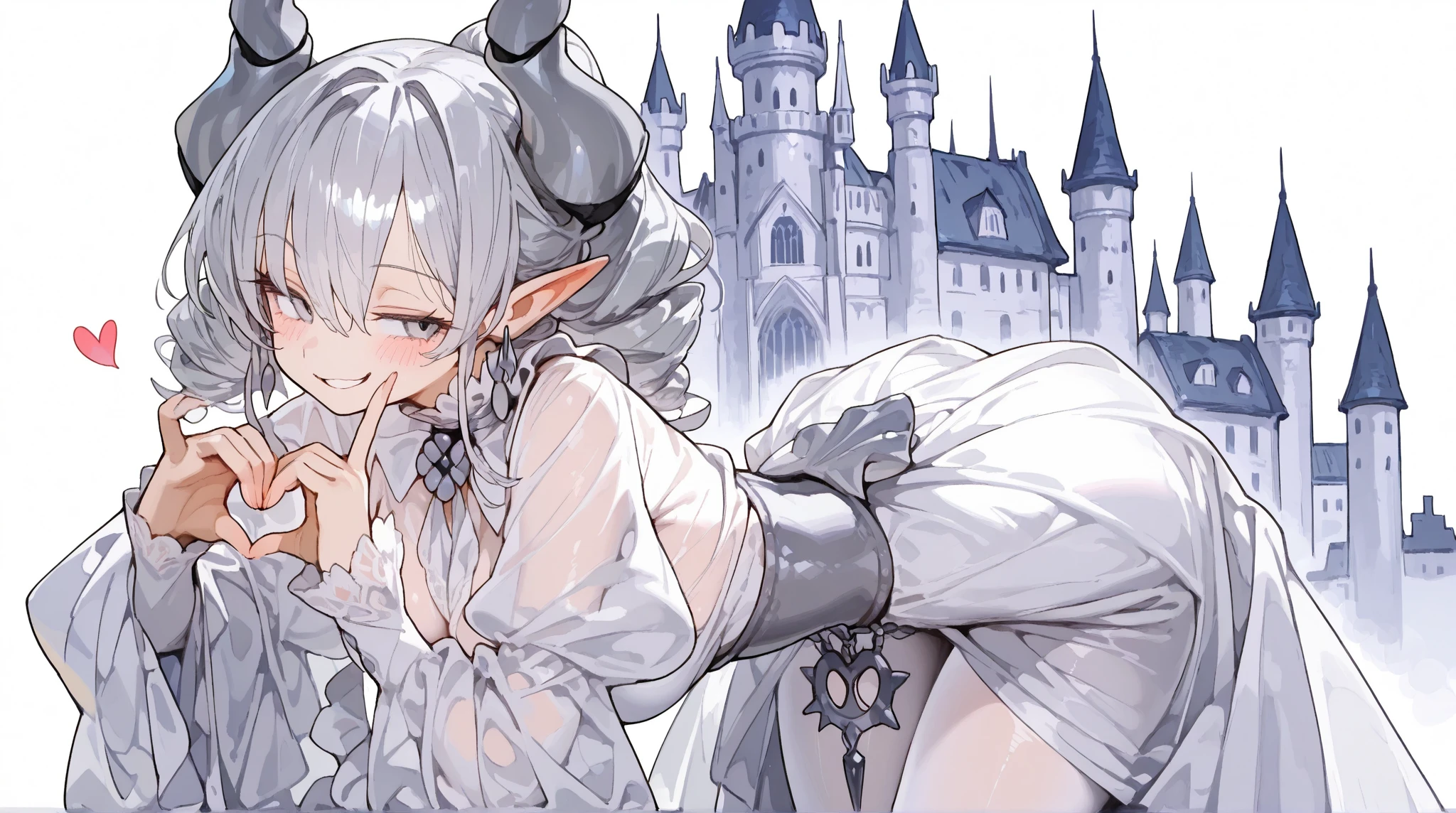Beautiful arts wallpaper Sunset Outside castle top High level image quality best image quality 8K adult woman silver castle outside more colors whole body view portrait wearing pure white shaded bikini horn naked ears short hair((shortcut)(gray hair)(perm)(fluffy)) eye color is blue , , attractive evil face , smile , pulling humans rope , labrynth , barefoot , riding on human , riding human fast on green Field , from below