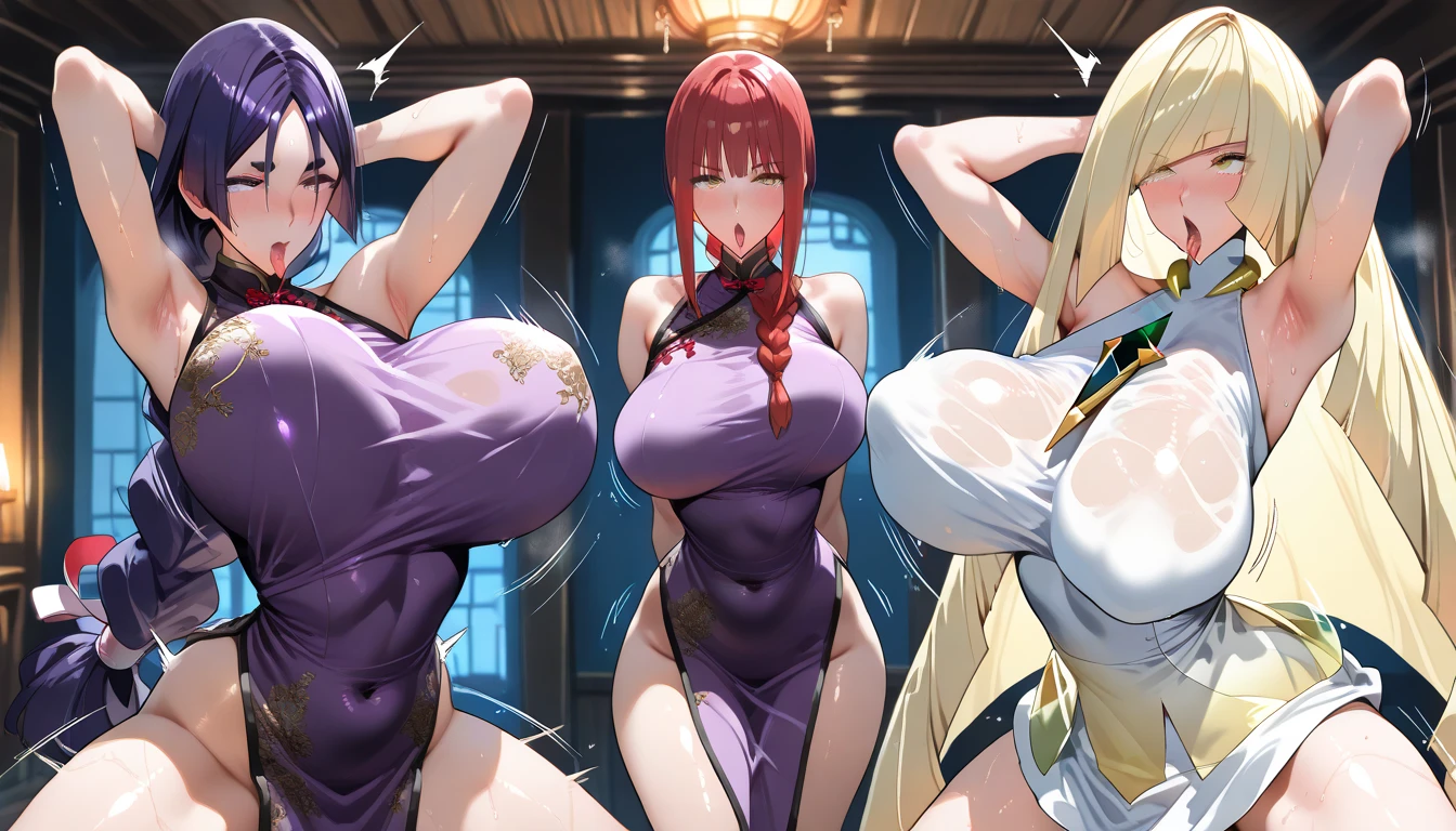 Three Women、Asagi Igawa、Oboro、、Ingrid（魔界騎士Ingrid）、、Huge breasts、Wet Skin、Dripping Sweat、 erection、Nipple Bikini、Pussy、pubic hair、Wet genitals、See-through、Pee、smile