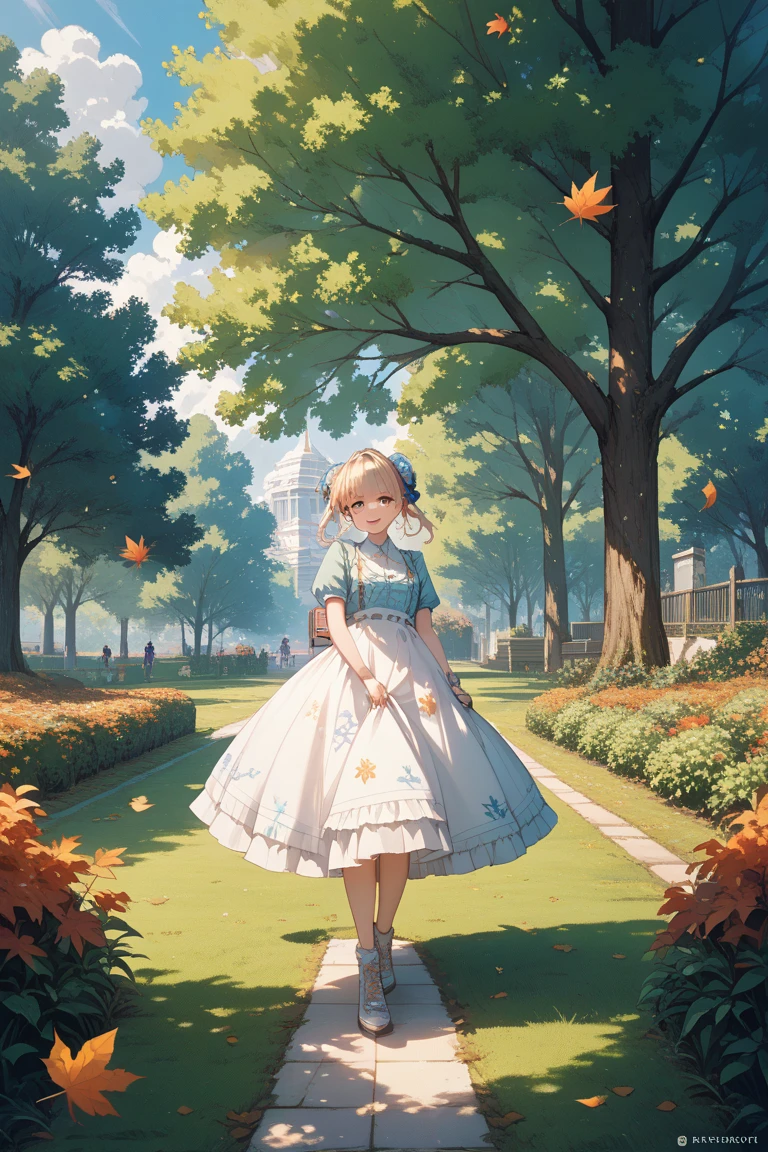 1girl, solo, full body, (masterpiece:1.21), (best quality:1.2), colorful, (illustration:1.2), (cinematic lighting:1.1), (bare shoulders:1.21), (collarbone:1.21) in this whimsical A beautiful and dreamlike garden, the scene is illuminated by a rainbow (colorful fireflies) dancing in the air. Pastel (drizzle) adorns the garden, creating a hazy and ethereal atmosphere. In the center of the picture, stands a single girl, an extremely beautiful girl, with lovely facial features and an innocent expression. Her long hair fluttered in the wind. She wore a low-cut strapless dress that accentuated her curves. The lighting is very delicate and beautiful, creating a soft warm glow that accentuates the water and makes it sparkle like a diamond. The finest grasses are also illuminated to create a lush carpet. The garden is surrounded by colorful flower fields with flowers of all colors and shapes. Various colors and sizes (coloured butterflies) can be seen flying around the scene, adding to the overall sense of wonder and magic. (Everyone, judges), a blush can be seen on the bridge of the nose, and the mouth is slightly opened, which adds to the overall sense of innocence and youth. Falling petals can be seen waving around her, adding to the overall sense of romance and beauty. The breeze is blowing, the leaves are rustling, and the flowers are swaying, adding to the overall dynamism and vitality. It is a scene of pure wonder and magic, full of color and beauty, where the viewer can lose themselves in this enchanting and captivating world.