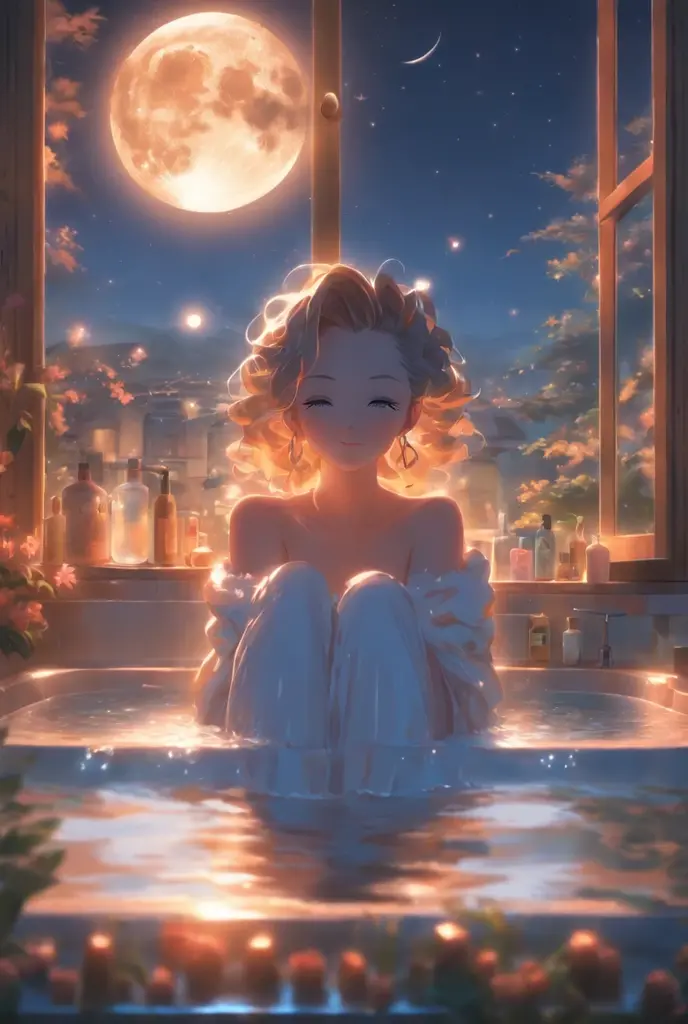 A girl lies thoughtfully in a bathtub without water,In the bathroom,Japanese manga style,Girl on old-fashioned telephone calls,The girl has beautiful eyes,There are some Showa era cartoon illustrations on the walls,There was a guitar in the bathtub,There are some balloons floating in the air,dream magical,Japanese healing system
