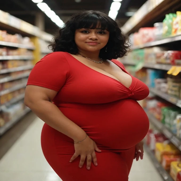 Pov penglihatan mu ketika ibu tiri plus size cardi B yang sedang hamil besar bekerja dan menjadi seorang kasir di supermarket. Hd, cinematic, photorealistic, fisheye camera view, iphone camera style