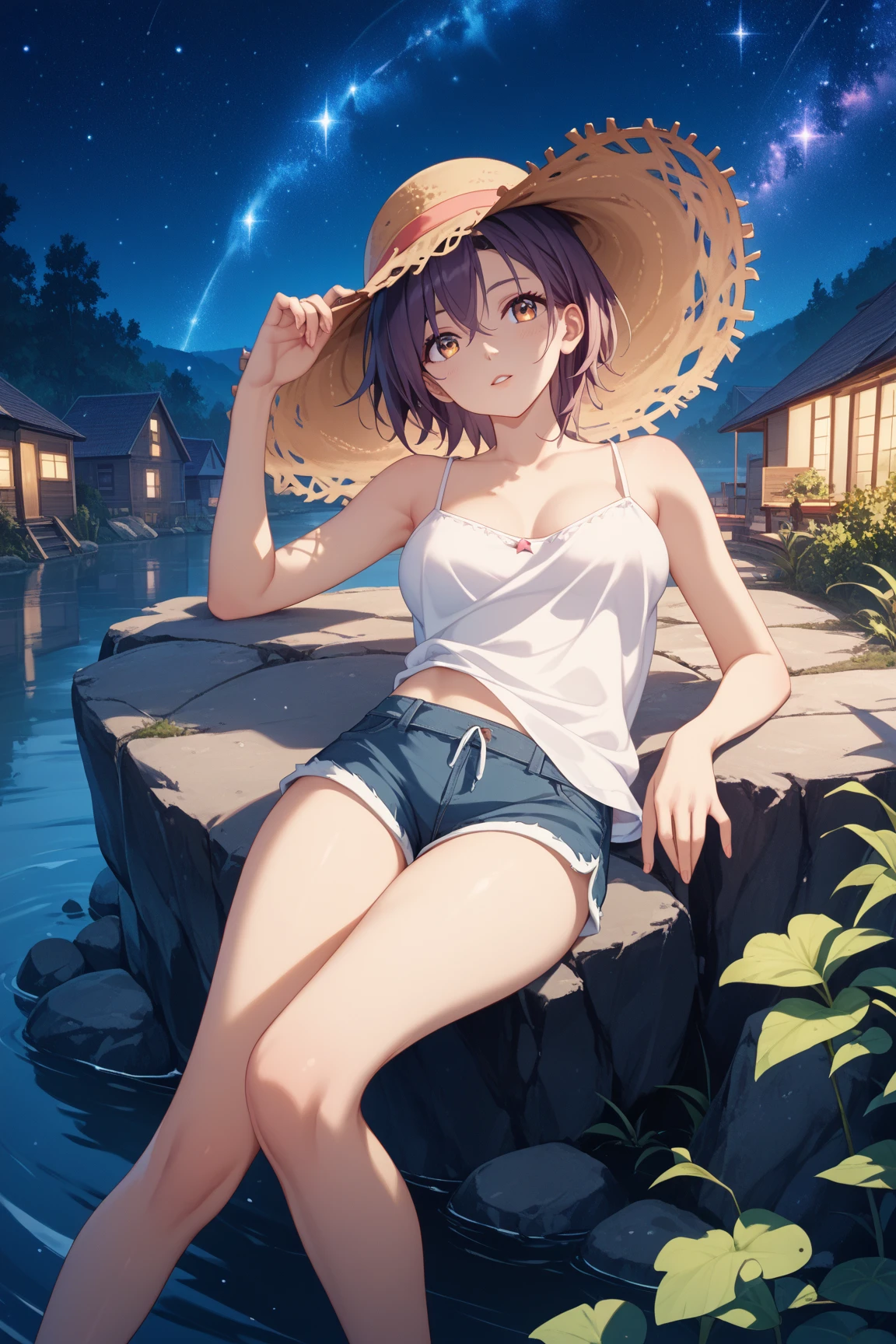 (masterpiece, highest quality), A sitting in a field with green plants and flowers, Warm moonlight, Blurred foreground, change, River bank, Bra shorts, Strange Eyes