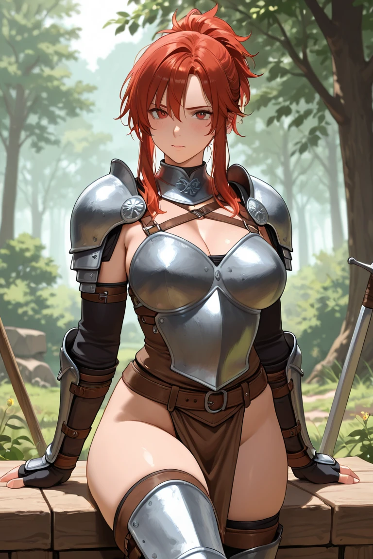 close up 1girl in, ager, Solo, (undercut red hair: 1.28), ((light gray eyes)), some small freckles, (dark fox ears:1.35), pale skin, medium breasts, cleavage, (thin hips, thin waist: 1.25), (arched back:1.12), detailed skin, mischievous face, revealing clothes, (wearing Xena roman armor, leather skirt, corset armored: 1.1), looking at viewer, (groping chest: 1.34), (sexy pose: 1.22), (detailed magical forest background:1.1), creek, overlooking opening in forest, relaxing, 4k textures, soft light, elegant, highly detailed, sharp focus, soothing tones, insane details, intricate details, hyperdetailed, low contrast, exposure blend, hdr, faded