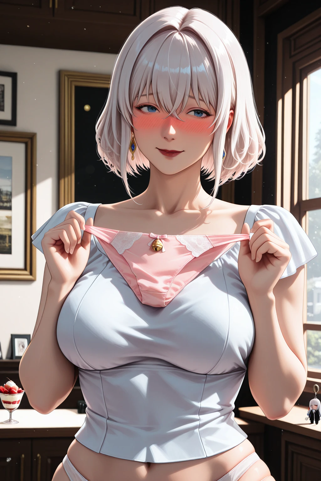 (tmasterpiece),(best qualtiy),8K,high detal,pov_doorway,1girl,blush,looking_at_viewer,cleavage,white hair,naked_apron,huge titasterpiece, highest quality, highest quality, Official Art, beautifully、beautiful:1.2, Cinema Lighting、Key light at 45 degrees from the front, Subsidy Light、Soft Backlight), Realistic depiction、photograph、Realistic depiction、Ultra-realistic、Raw Quality、
beautiful顔、Perfect round ass、the body is slim、(Accurate and detailed human body:1.5), Fit and body、Pale skin、Shiny, Bright Eyes、length eyelashes、
1 girl、alone、
accurate to the human body、Correct five-finger、The perfect human body、Knowledgeable person、Highly detailed face and skin texture、Natural neck length、(beautiful Hands)、beautiful, length, Thin legs、straighten both legs、Stretch your arms、
The perfect human body、Accurate human body、A perfect and accurate left hand、A perfect and accurate right hand、Perfect and precise fingers、
,Earrings,Big cleavage、
slim, (kind, Goddess-like eyes, happiness: 1.2), (Lip gloss, eyelash, Terrible face, highest quality, Ultra-high resolution, Wide Lighting, Natural Shading), Absolute area、
(((All these pajamaade from super soft fleece material.:1.8, zetai ryoiki, All these pajamaade from super soft fleece material shorts:1.3, Thick white horizontal stripes))),
Detailed Background、
Background Blur、Detailed and beautiful background
((Random hand gestures)),
(Blonde pixie short hair:1.3)、
Accurate 5-finger、Accurate human body、Perfect human body、
(((Big Breasts))),Bold Pose、sexy、Sensually、Ecstatic face、Being spoiled and pampered、Wide leg、(Sensual ecstatic smile:1.5)、indoor、Random Apartment Room Background、Window with a night view、