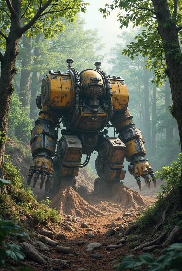 a blue and black drdnght machine with a gun walks through deep jungle mud searching for enemies who hide behind trees and bushes waiting in ambush