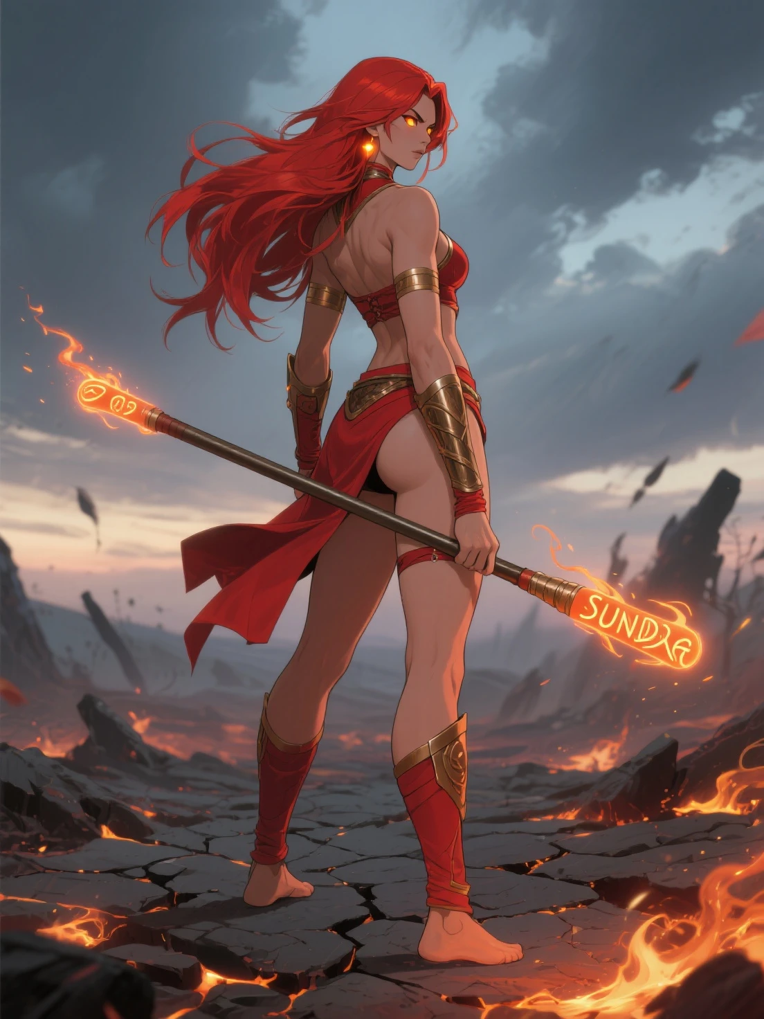 a beautiful girl with fiery red hair, sparks at the ends of her hair, laughing, phoenix, fantasy, fairytale, sky and clouds in the background