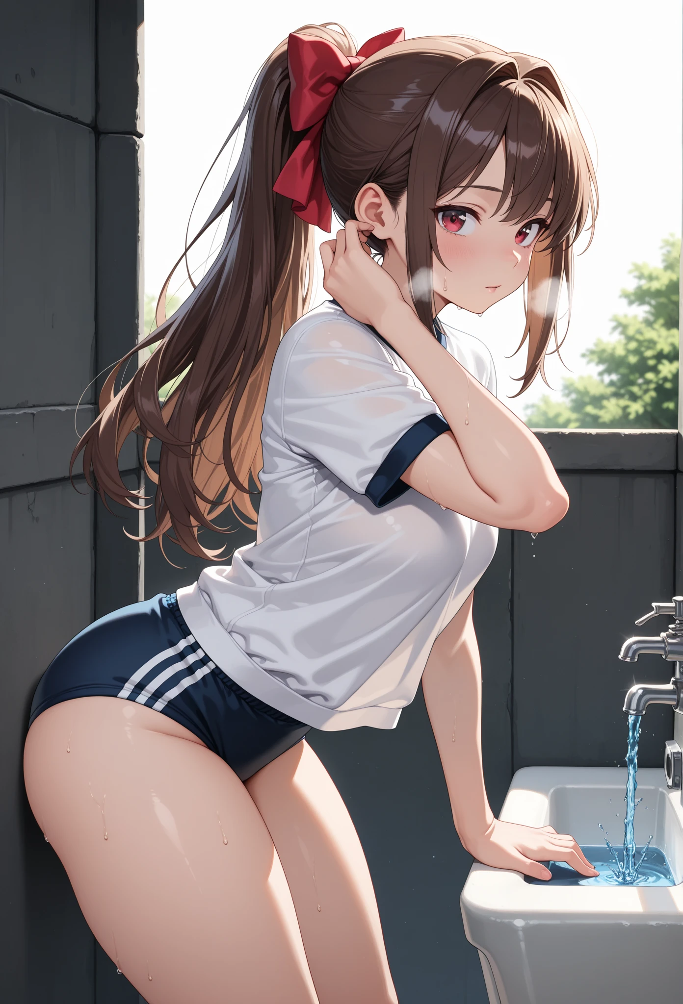 High school girl changing clothes in the health room,full of sweat、dripping sweat、small panties、full of sweat、ponytail、