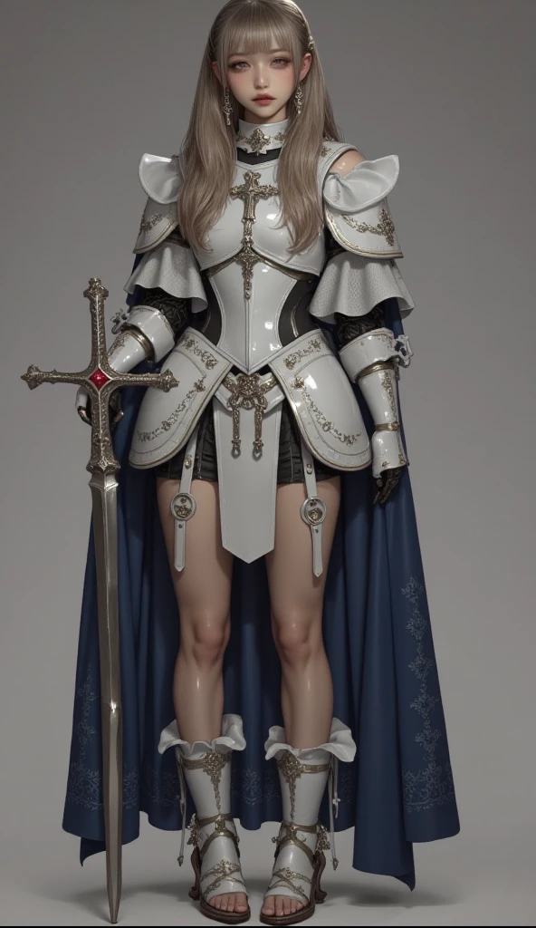 Masterpiece, high quality, 3D, 8K CG, intricate details, detailed background, sacred. Ornaments, by Dylan Kowalski, ((1girl)), muscular, sunken skin, side vision, synthetic skin, holographic, titanium, garbage, frayed edges, delicate facial features, long white hair, armor decoration, battle, perfect figure, delicate face, high cold, bow and arrow in hand, medieval, elf, full body, cartoon