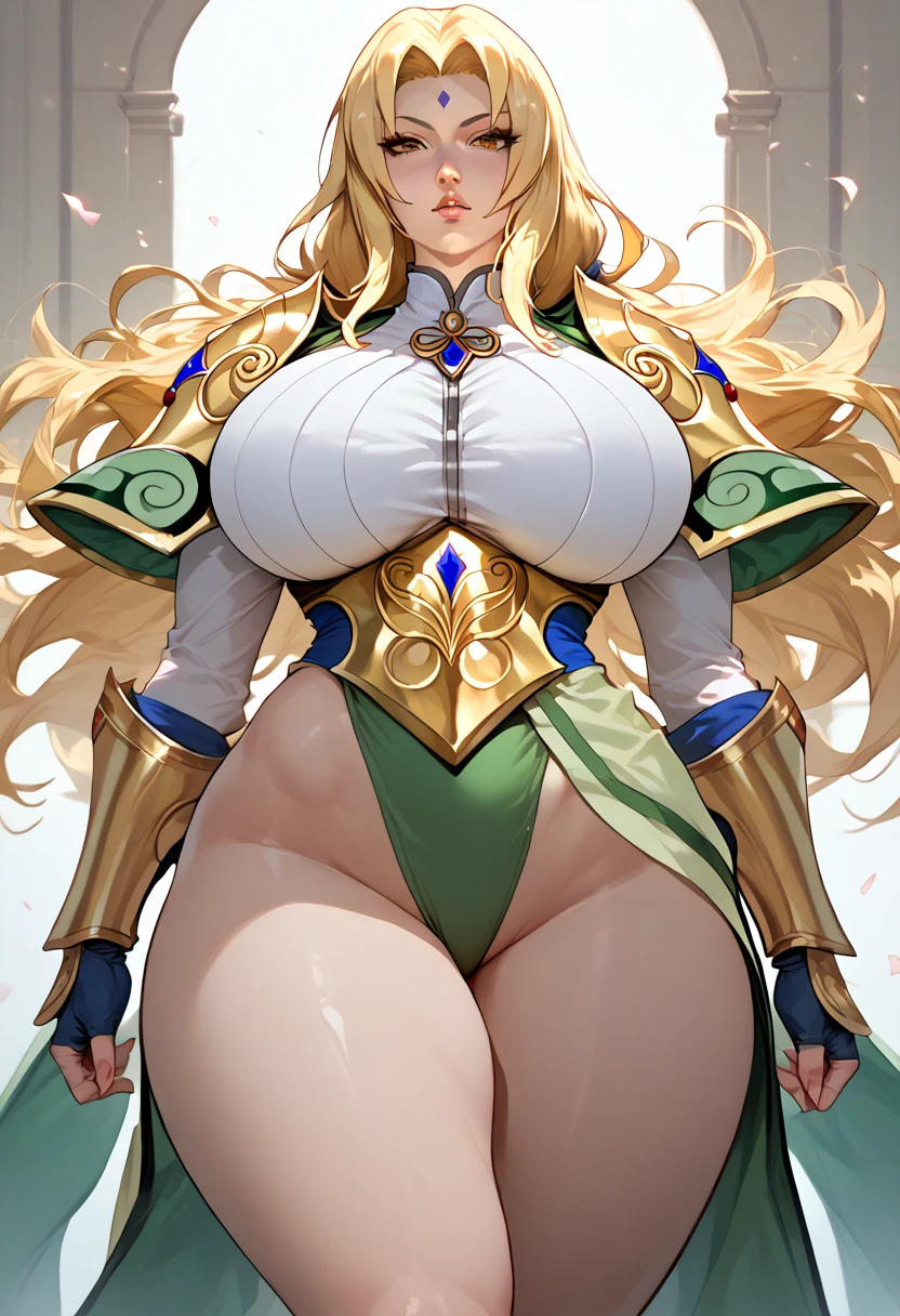 sensual, long blonde hair, thick thighs, 8K, 4k, highest quality, High resolution:1.2), cute anime face, noise reduction,  (glowing green eyes、high detail eyes:1.5)、gentle smile, kind eyes、toned abdominal muscles, muscular arms, muscular legs, young face, anime eyes, (((big breasty chest is about to burst)))、Sophitia Alexandra、has a sword and shield、(SFW huge body:1.5)
