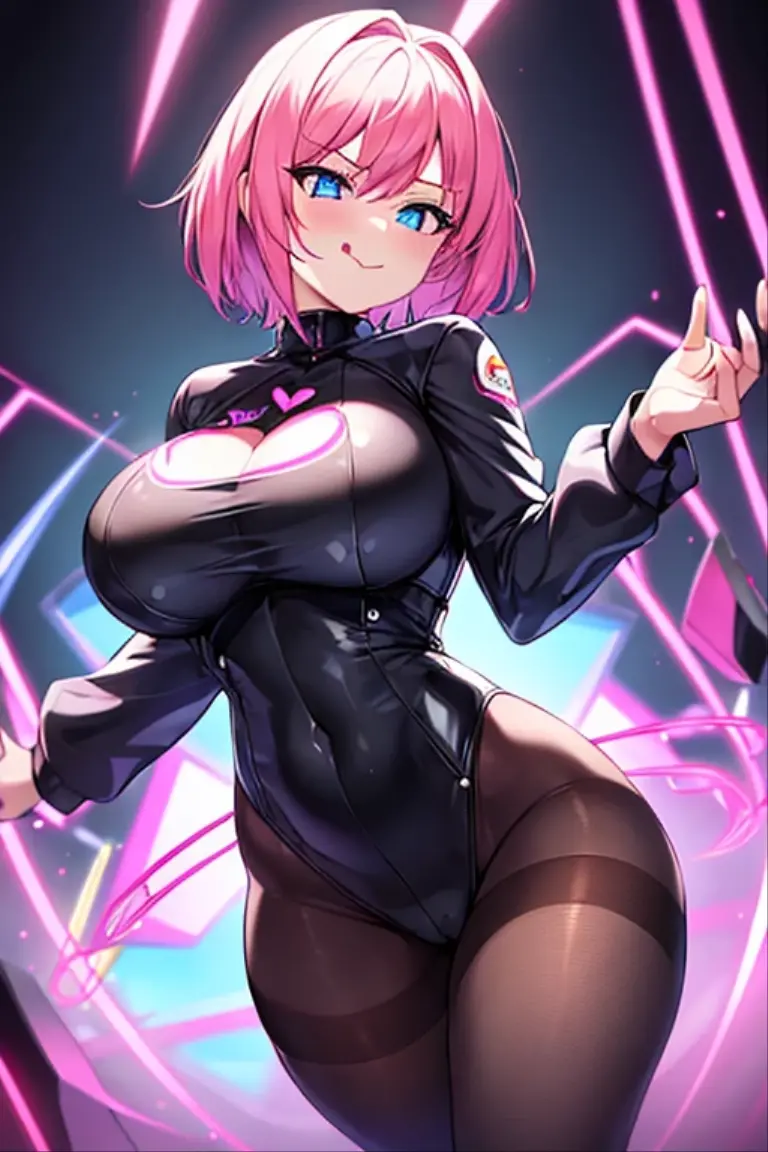 1girl, breasts, large breasts, wide hips, thick thighs, bodysuit, black bodysuit, cleavage cutout, cutout, futuristic, tech, machinery, science-fiction, pubic tattoo, heart-shaped pupils, serious, pink trim, pink hair, neon trim, pink neon trim, hypnosis, mind control, pantyhose, very short hair, salute, saluting, nsfw, nsfw