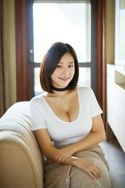 A voluptuous young Japanese woman with a mischievous and bright smile. her hair is black, straight and very long, reaching down to her thighs, and she's wearing it in two high ponytails. She's wearing a black pleated skirt that's quite short and black knee-high stockings. She wears a red blouse that fits her prominent and generous bust. The pose is slightly from the side, As in a fashion photo, Displaying the wardrobe and her curvaceous figure. The background should be plain and clear, similar to a fashion magazine photo.