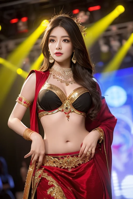 (highest quality,8K,masterpiece),
Japanese model wearing red and black berry top and skirt, 1 female,Outfit with red accents, jewelry costume, black and red clothes, beautiful costume, she dressed up as a belly dancer, arabian princess, Belly dance, fantasy costume, high quality costumes, gracefully Belly dance pose, high quality stage costumes, exotic costumes, festival costume, intricate costumes, white silver bikini,
big breasts,emphasize cleavage,armpit,peach,
on stage,Spotlight,dark stage,illuminates only the model,
very beautiful face,realistic skin,wet skin,erotic smile,