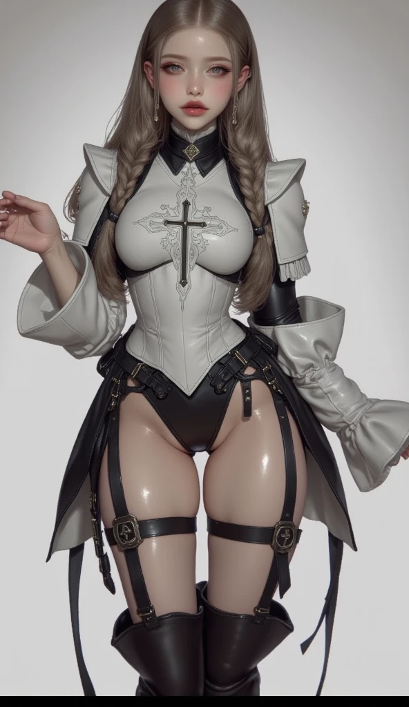 masterpiece. Teen emma watson dressed as a nun. Detailed tight costume. crop top. Defined body. Slender. Small breasts. background moon. night. long hair. leaning on a wall that has intricate carvings and jewels. boots.