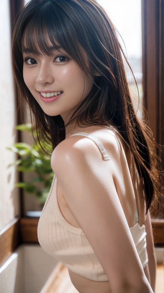 8k, highest quality, masterpiece, Realistic, Photorealistic, Ultra-detailed, Natural light, Highly detailed face and skin, Detailed eyes, Highly detailed face and skinの中間ショット, Beautiful woman looking back at camera, Beautiful Face, Realistic Face, Detailed face, Beautiful hairstyle, Realistic eyes, Fine grain, Realistic Skin, Detailed skin, Beautiful Skin, Charm, Ultra-realistic, (((Home,Crouching,Modest bikini, kind, Brown Hair, Cute Japanese Girl, whole body,Dimples,There is a mole around the mouth,)))