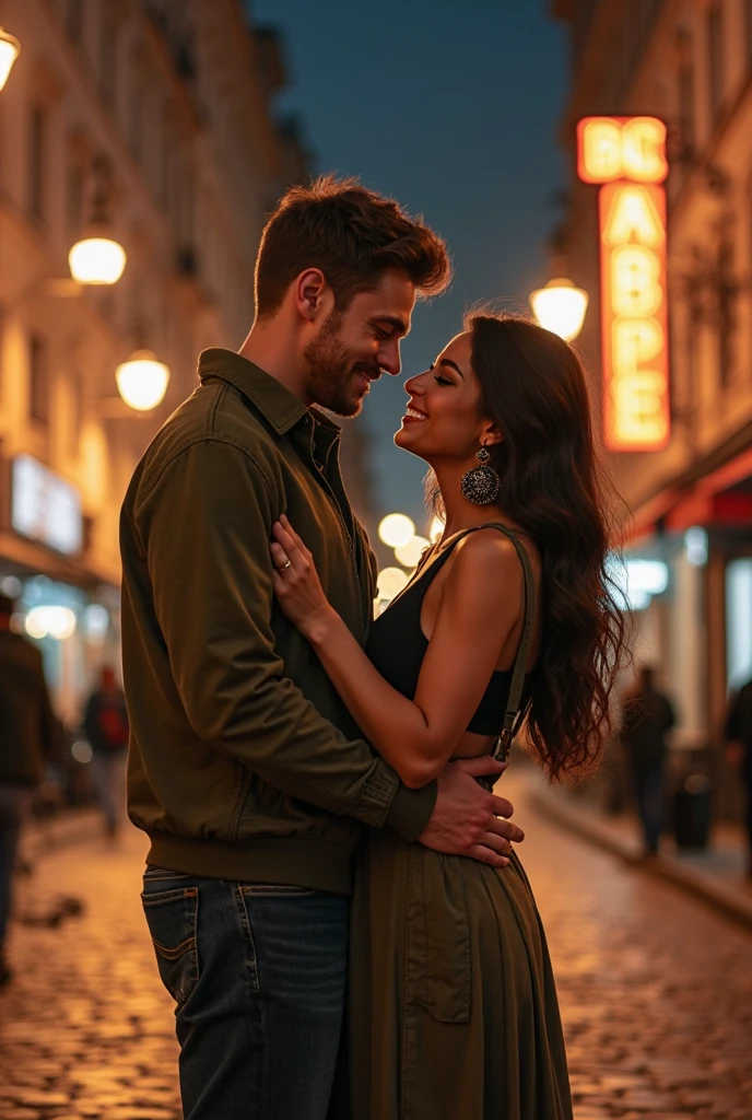 a pair of lovers who embraced each other with love, like a newly married husband and wife, in the warm night and the street lights near the house, they hugged each other full of emotion, feeling the warmth of their hearts beating as they hugged each other, their hands hugged each other tightly and tightly signifies great love
