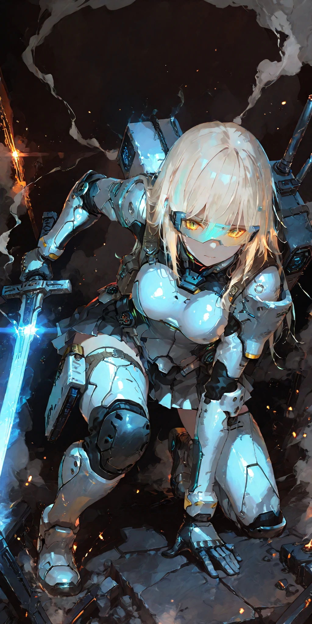(masterpiece, top quality, dynamic action poses, anime style), A high school student girl wearing a cybersuit-like outfit,Light-emitting circuitry woven into shielded pleated skirt and full metal jacket, Wearing transparent visor with floating HUD, Shoots neon-illuminating swords in right hand, Sword shoots energy particles, Side-mounted mechanical shield arms extend from her backpack, Extending forward to block oncoming bullets, Equipped with a beam sword in right hand, Fierce combat look, In a desolate urban battlefield filled with neon signs, Flickering hologram, Smoke in a dark alleyway, broken cyber ad, Dramatic lighting with blue and magenta light, High contrast cinema shot with 50mm lens, showcasing the girl in a dynamic action poses,  background blur, Authentic work shot with Canon EOS R5 camera, Award winning look, Wearing full body tactical armor, Carries multiple weapon systems, including shoulder-mounted missile launchers, High performance machine gun, And combat knife, Enhanced with cybernetic prosthetic limbs and a powered exoskeleton, Futuristic military-standard equipment, professional,