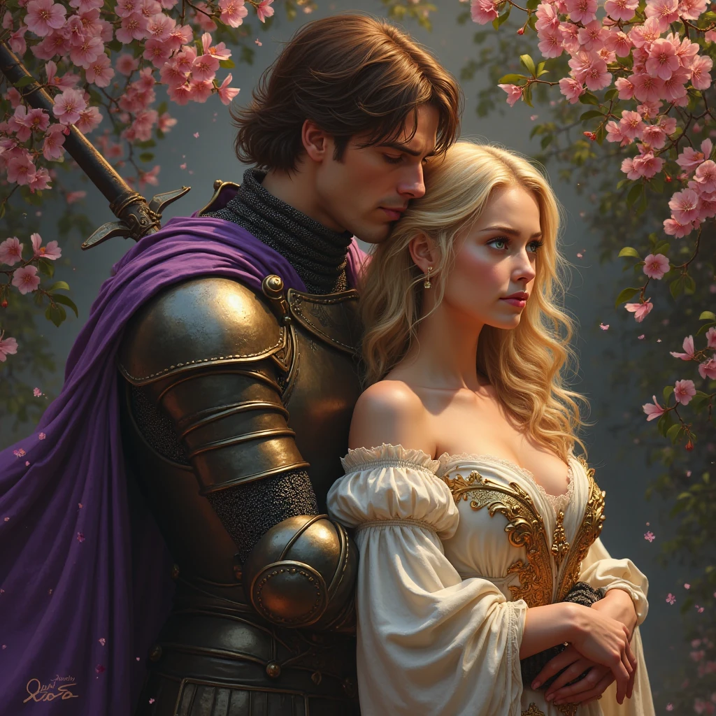 Couple one man and one woman Neels Visser is a prince who has golden blond hair, wears a medieval military outfit and is in love with the commoner Lily Collins, who has curly brunette black hair and wears a red dress, they kiss very affectionately, illustration of a romance book cover with a detailed, smooth, bright background filled with flowers covered in ivy and red roses, ornate gown standing in a bed of roses, rim light, dynamic lighting, etherial lighting, ultra detail, concept art, elegant, surreal, art by Lisa Aisato, Greg Hildebrandt, Citemer Liu, Stjepan Sejic, Samyang, Aykut Aydogdu, Justin Gerard, Alphonse Mucha, Artgerm, WLOP, and Greg Rutkowski
