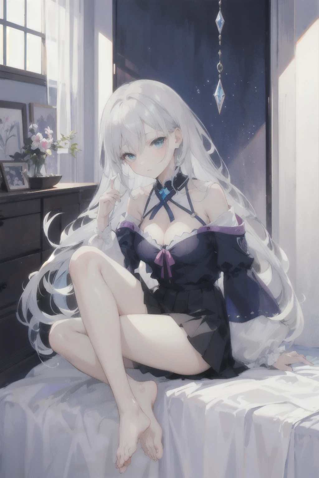 [(Transparent background:1.5)::5],(((masutepiece))),(((Best Quality))),(((Extremely detailed))),Illustration, 1girll,Solo,Mysterious,vivd colour,shiny, Underwater transparent sealed hemispherical glass dome, (White hair),(Purple eyes), full body Esbian,Barefoot,Long hair is gentle and natural, Koi,under the water, dome,Dynamic Actions,Lens perspective,(((Box configuration))),Sitting cross-legged，Leaning against the bookshelf, voluminetric lighting, multi-color eyes, Detailed eyes, ultra - detailed,lightsmile, Highly detailed, Beautiful, small detailed, ultra-detailliert, Best Quality, Convoluted, 4K, 8K, trending on artstationh, Good anatomy, Beautiful lighting, Award-winning,