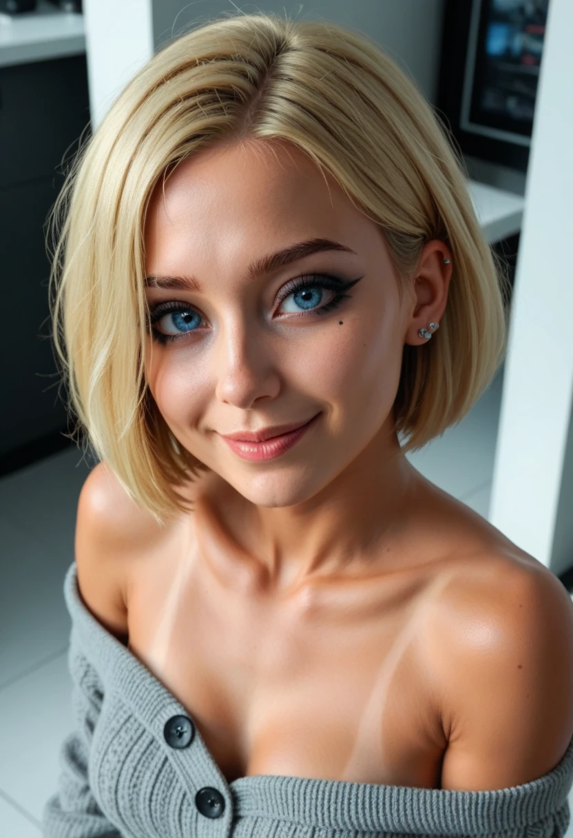Athletic blonde woman, (short hair), tomboy, cute, ((smile)), Smoky eye, mascara, sheer lace camisole. Sexy