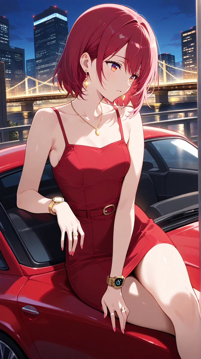 absurdres, RAW photo, extremely delicate and beautiful, masterpiece, Best Quality, ultra high resolution, 32k, hyperrealistic, ultra-detailed, detailed description, pale skin, 20 years old, tearful mole, earring, short medium hair, wavy hair, whole body shot, Redhead, bangs, Red eyes, Black gloves, Formal suit, tie, Jacket, pants, 