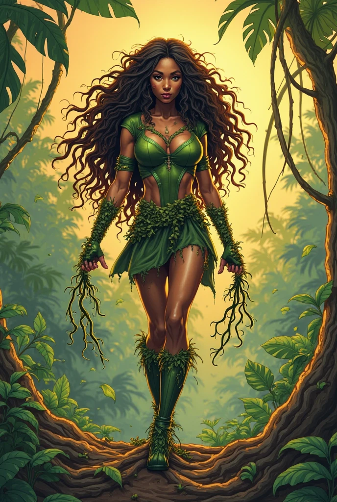 A gorgeous female gardener in a poster-style surrounded by cannabis plants and mushrooms, with a positive mood and high energy. The image is small and structured, with a redshift color scheme. The art style is influenced by Afrofuturism and has a cinematic feel, resembling a movie poster.