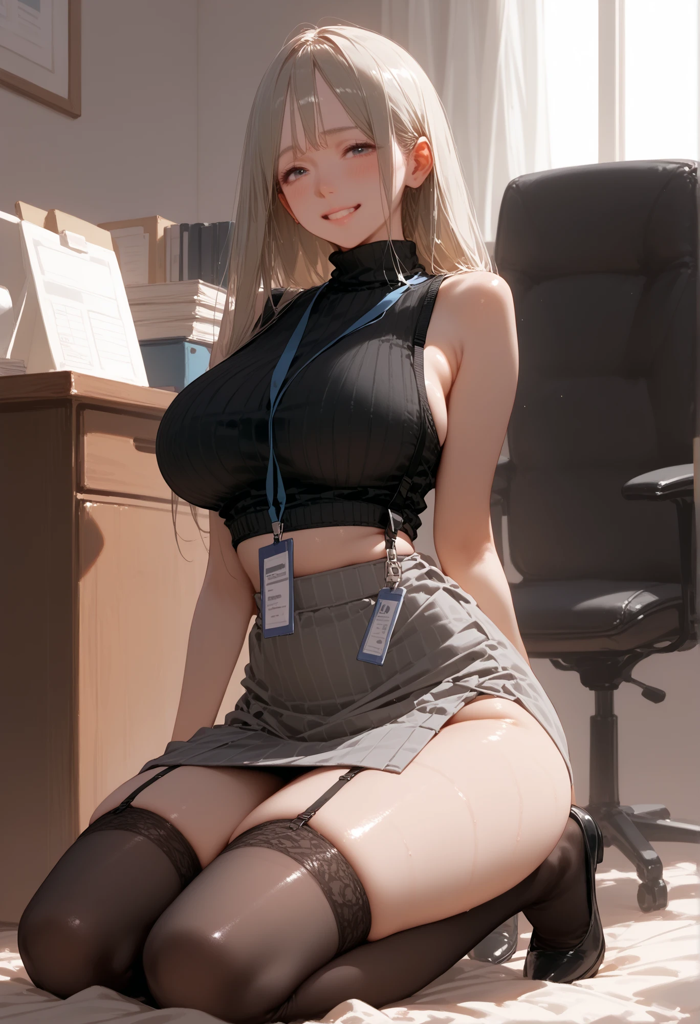 shenhe, 1girll,独奏, ((white shirt)),black thighhigns,Giant breasts,Re-emulsification,校服,office backdrop,a black skirt,pleatedskirt,office room,hair between eye,hair adornments,big cleavage breasts,long whitr hair,looking at viewert,silber hair,braidedhair,silver short nails,Silver eyes,独奏,Thighs,long whitr hair,((tmasterpiece)),Sat down,a chair,Study desk,Computer on the desk,name badge,ID tags,inside in room,Be red in the face,A sexy pose,sensual breasts,Huge bust,(Lively breasts),Very large chest:1.45316789,breasts out,Huge breasts,The breast is exposed,Belly exposure,Slender abs:1.236783,Sexy buttocks,鎖骨,The expression is shy,(NSFW),Height 336 cm,Weight 9 kg,Measurements:263510497.3.1358,is shy,no brassiere,Cover your chest with your hands,Expose boob,White breasts,White lace panties,Bust 263510497cm,Lower chest 8 cm,The bust is perfectly shaped,Cups:9,809,397,The side chest is lively,Lift your clothes,perfect bodies,the golden ratio,full body exposed,The lateral chest is huge(Secondary breasts):1.67842,Breast weight:53968.5 kg,Side chest weight:36457.8 kg,waist circumference:3 cm,Hip circumference:1358 cm,Thigh circumference:9 cm,Calf circumference:6 cm,Superskirt,Hands on the buttocks,Stretch your waist forward,The chest is straight forward,back to look back,White lace is a more transparent bra,Sexy eyes,Sexy thighs,Sexy collarbone,The neck is slender,Almost burst the bra,The bra almost cracked,Chest straight,Sagging naturally and stretching forward,Sexy abs,Sexy buttocks,Very sexy breasts,Side Chest(Secondary breasts)Lively and upright,Naturally droop down and stretch forward,Dress revealingly,Elongated thighs,The calves are slender,Larger eyes,Silver pupils,smaller nose,Small lips,Redlip,The arms are slender,Hourglass figure,Hands touch the breasts,Pinch your breasts with your hands,Burst out of the bra,huge tit,Black corset,perfect bodies,Sexy figure,Exposed figure,Skin whitening,full body exposed,no clothes are worn,A sexy pose,sexy boobs,Sexy belly,White l