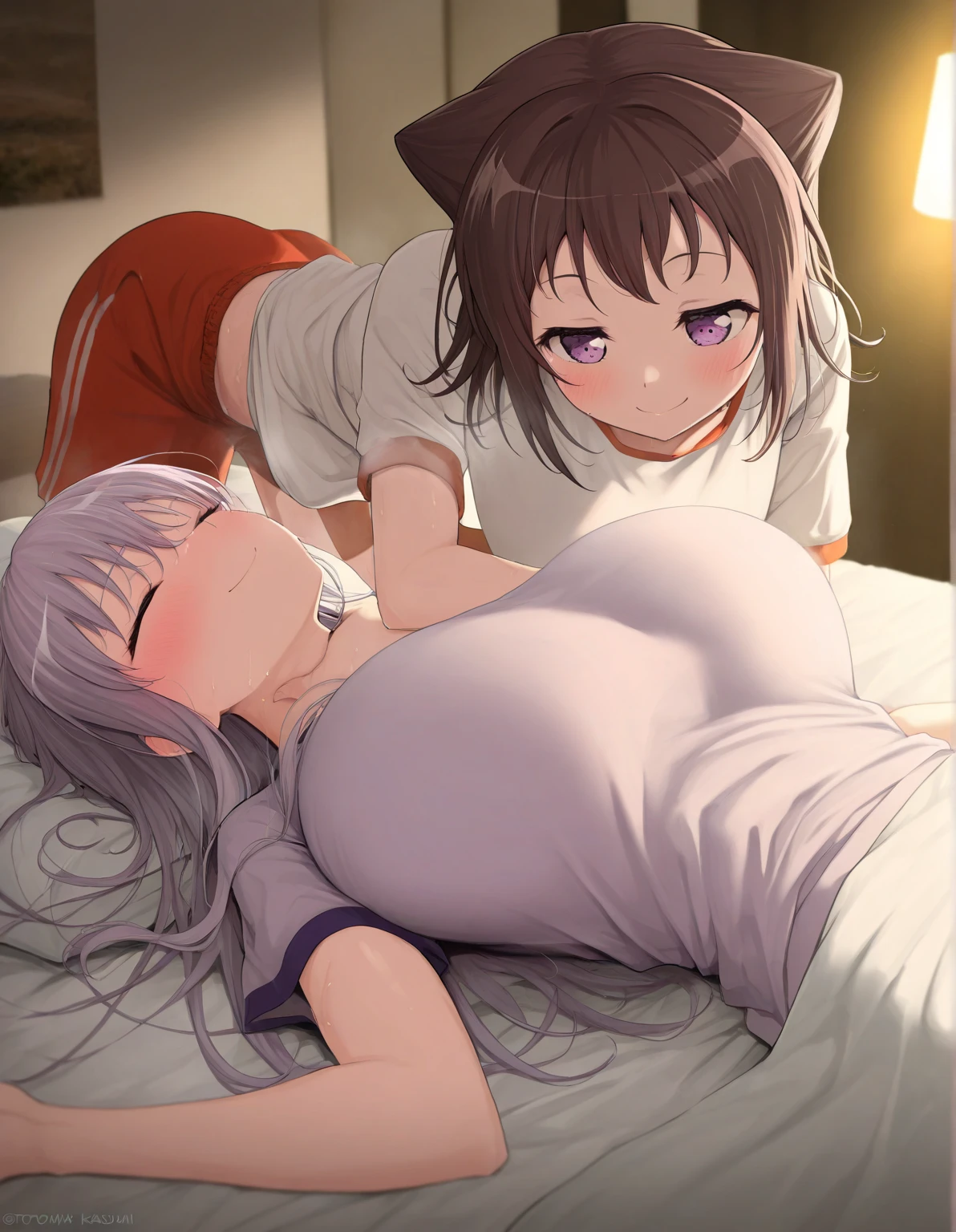 Browsing Caution,Sweat,white breath,1 girl,Large areola,White steam,Side view,Heart Eyes,Futanari,Houshou Marine,Twin tails,Drooling,((Shake your body)),Cum on ass,Doggy style sex,Sleeping Back