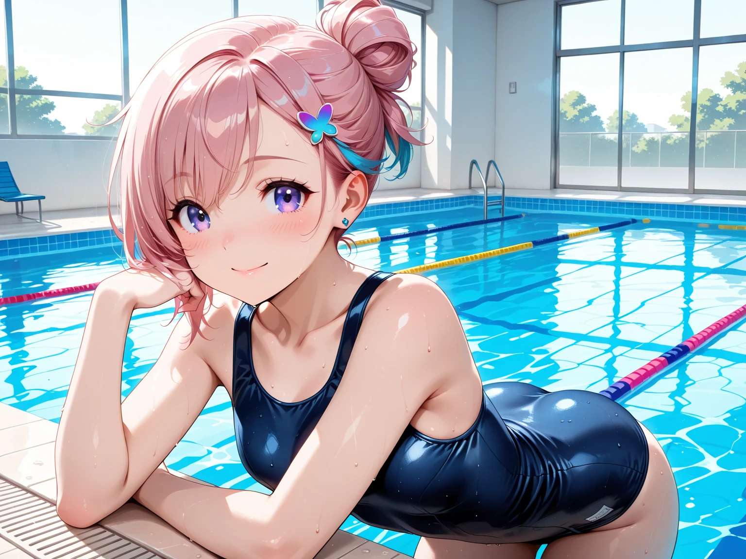 Highest quality、High resolution、Detailed Background、Beautiful girl in her 20s、Cute hair colors、Sexy competition swimwear、Perfect body line、Olympic、Swimmers swimming in the pool、Swimming