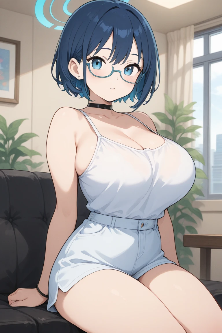 8k, older girl, short dark blue hair, yellow eyes, medium breast, ahoge, rectangular glasses, streaky hair, dutch angle, strapless skirt, microskirt, sluty, no shirt, only bra, simple white background, seductive smile, arms crossed over his chest, torn fishnet stockings, mogudan