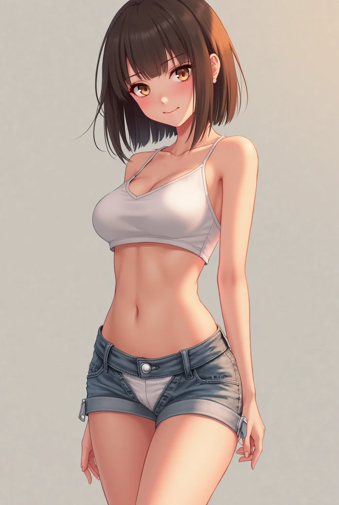 (((masterpiece, best quality, ultra highres, 1 girl, solo, no background))), super detailed skin and face and eyes and finger, beautiful japanese woman, small breasts:1.5, skinny, light brown hair, white background, very short pixie hair, Knee shot, Generate with illustrations, Various expressions, Various poses, Please draw the entire character within the frame, ensuring that the head, arms, and legs are not cut off. The background should be simple, with the character positioned centrally, outline, anime, 2d, boyish, tank top, denim shorts, gag face,