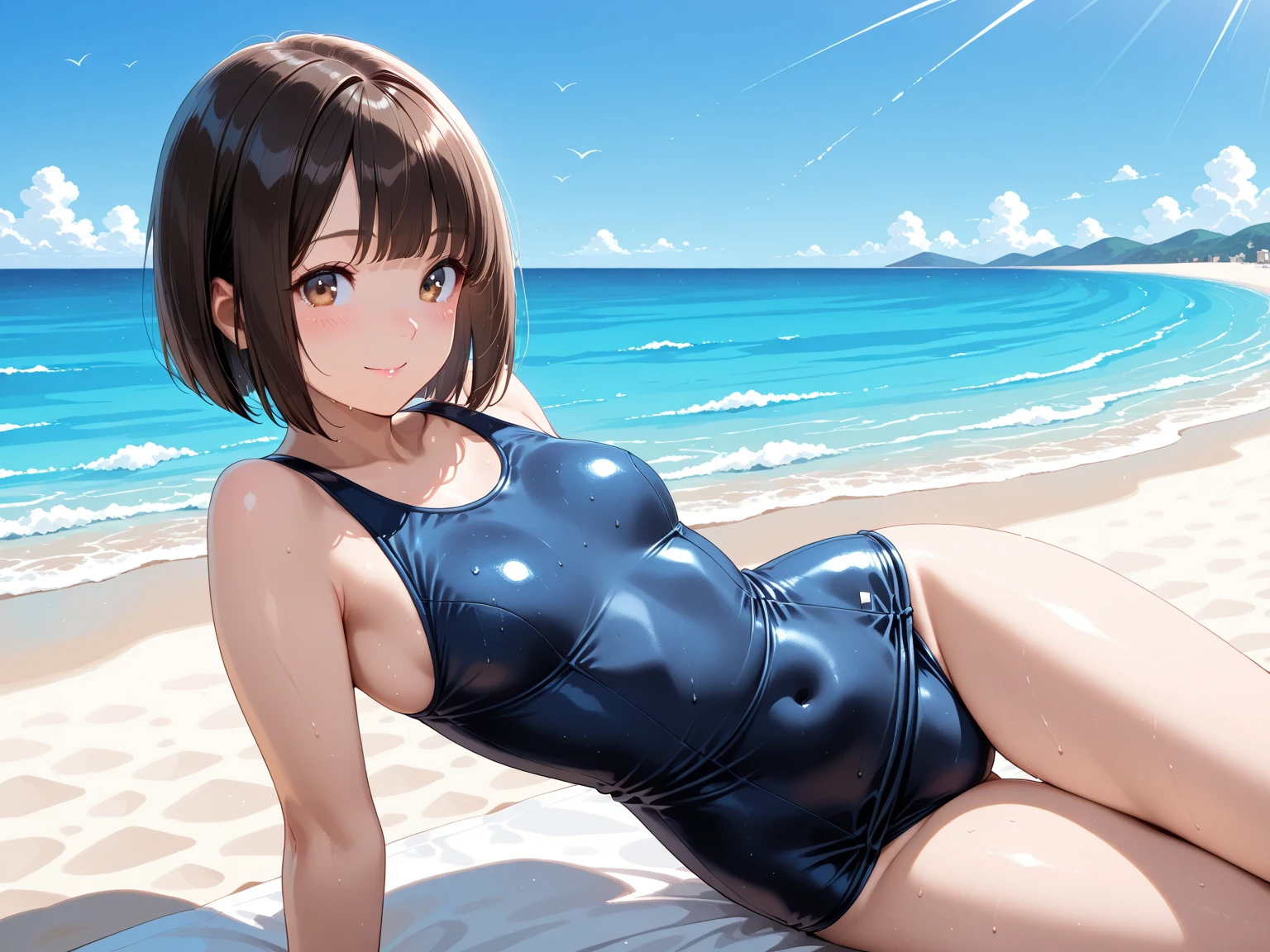 Highest quality, A very exquisite masterpiece, Anime art style, Cute Characters, Sagasawa Fumika, One piece swimsuit, Large Breasts, pantyhose, blush, smile, whole body，School