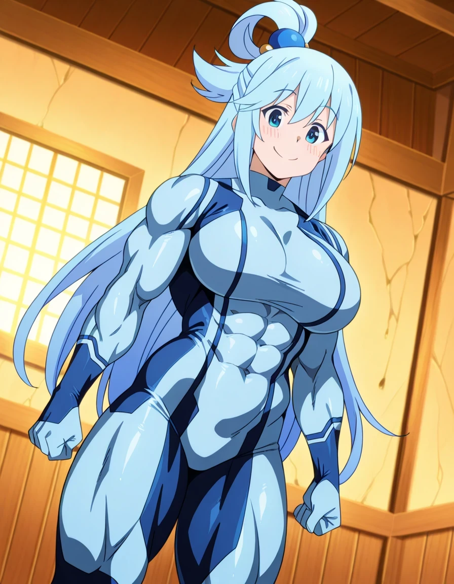 傑作、best quality、best resolution、best image quality、amazing quality、 very aesthetic、 absurdres、anime coloring、anime screencap、1girl、konosuba aqua、、aqua \(konosuba\)、solo、blue hair、long hair、very long hair、blue eyes、hair ornament、single hair ring、hair bobbles、covered breasts、big breasts、covered cleavage、very large breasts、covered boots、large boobs、covered deltoids、covered anterior deltoids、covered middle deltoids、covered posterior deltoids、covered biceps、covered biceps long head、covered biceps short head、covered triceps、covered triceps medial head、covered triceps long head、covered triceps lateral head、covered brachioradialis、toned body、strong muscles、chunky muscles、(muscular female:1.5)、、samus aran cosplay、samus aran \(cosplay\)、blue bodysuit、bodysuit、blue gloves、covered navel、covered midriff、covered stomach、covered collarbone、covered trapezius、covered thighs、covered semitendinosus muscles、covered hamstrings、covered adductor magnus muscles、skin tight、zero suit、indoors、blush、smile、looking at viewer、female focus、cowboy shot、dutch angle shot、