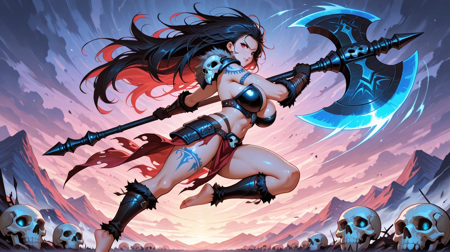Black Hair、(Dwarf girl warrior running with a big axe)、(Huge breasts)、(Underboob、Sideboob)、Green metallic bikini、Camel toe、((Chibi、he is short)、glamorous、curve、Wide Hips、Thick thighs)、(NSFW)、(Many colorful jewels)、(Inside the cave)、(Giant Axe)