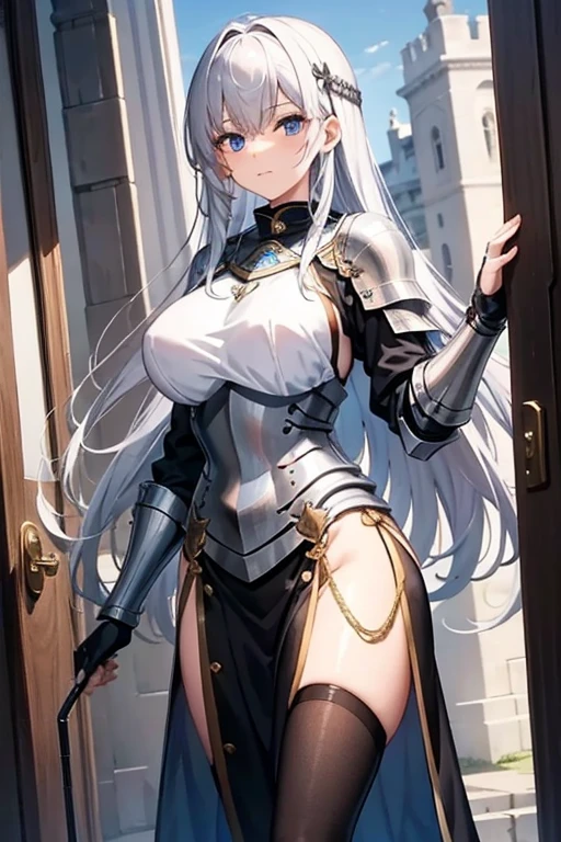Woman knight、a beauty girl、huge tit、Excellent style、Nice Buddy、glamorous、leotard、s Armor、Shoulder rest armor、Bra chest armor、knee boots、gauntlets、hair adornments、silber hair、Longhaire、Ahoge、is standing、full body seen 、Medieval city、Walking、slightly open mouth、a smile、