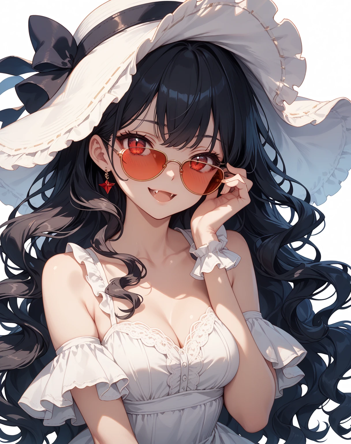best quality, masterpiece,  ph utaha, 1girl, solo, hat, jewelry, long hair, dress, smile, wrist scrunchie, breasts,full body sun hat, necklace, choker, white background, simple background, red eyes, scrunchie, white headwear, cleavage, black hair, white dress, sleeveless, ribbon, blush, hands on headwear, pendant, medium breasts, sleeveless dress, purple hair, brown eyes, collarbone, large breasts, bare shoulders, bangs, (masterpiece:1.2, best quality), (finely detailed beautiful eyes: 1.2), (extremely detailed CG unity 8k wallpaper, masterpiece, best quality, ultra-detailed, best shadow), (detailed background), (beautiful detailed face, beautiful detailed eyes), High contrast, (best illumination, an extremely delicate and beautiful),((colourful paint splashes on transparent background, dulux,))