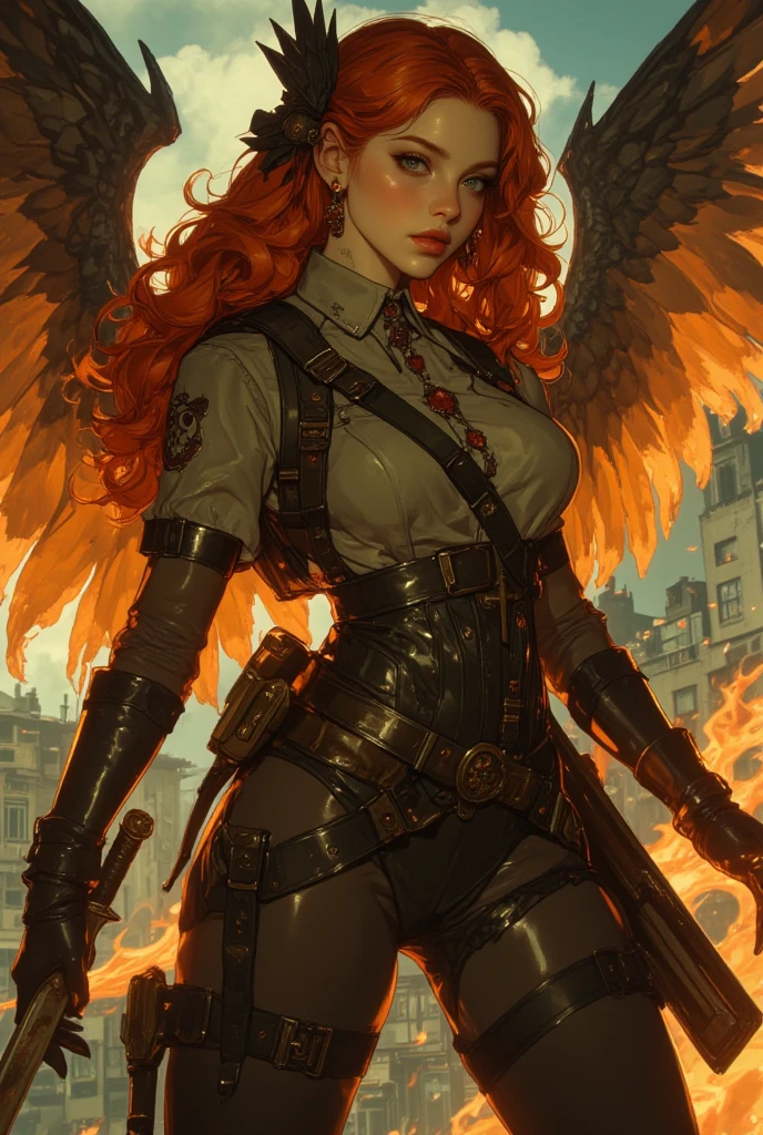 "(best quality,4k,8k,highres,masterpiece:1.2),ultra-detailed,(realistic,photorealistic,photo-realistic:1.37),steampunk girl, Jennifer Garner from Alias as Elektra, ((red hair)), beautiful detailed eyes,beautiful detailed lips,extremely detailed eyes and face,long eyelashes,busty,body curves,sexy:1.1,steampunk airship,flying through the sky,mechanical wings,leather corset,metallic goggles,antique clockwork mechanisms,brass and copper accents,steampunk fashion,ornate Victorian era dress,vintage stripes and patterns,vibrant colors,dark hued sky,dramatic lighting,soft ambient glow,smoke and steam effects" (((dark skin}}} "long dark hair"