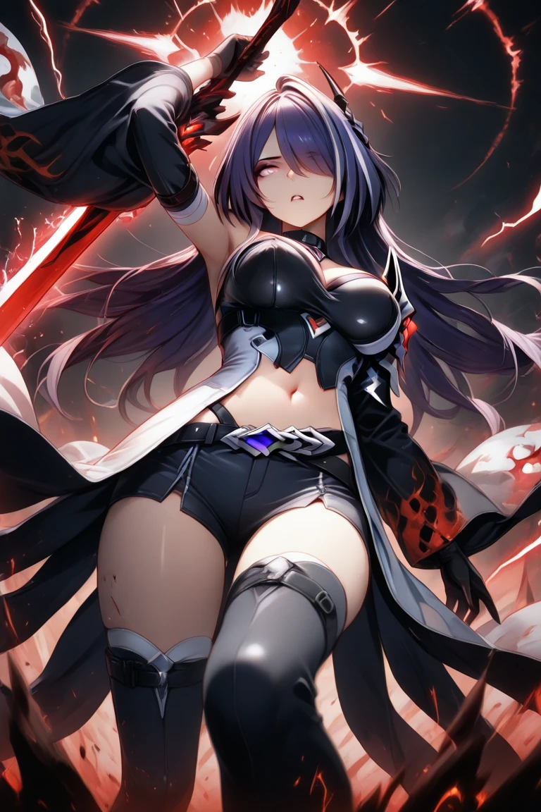 Highest quality、Highest quality、Masterpiece、girl((Age 25、as soon as、Highest Bust、Medium Bust、Wide open chest、Red glowing eyes、Black Ear、Red Mesh、Disheveled Hair、Loincloth、thin、The best valley、Open chest、Luminous Wristbands、hair ornaments、Full body view、Tank top、Black ninja costume、scar、Full body scar、Fighting Pose))、high quality、Beautiful Art、background((night、Ninja World))、flight、Flying Debris、Depth of text、movie、Visual Arts、Perfect Art、8K、Genuine、