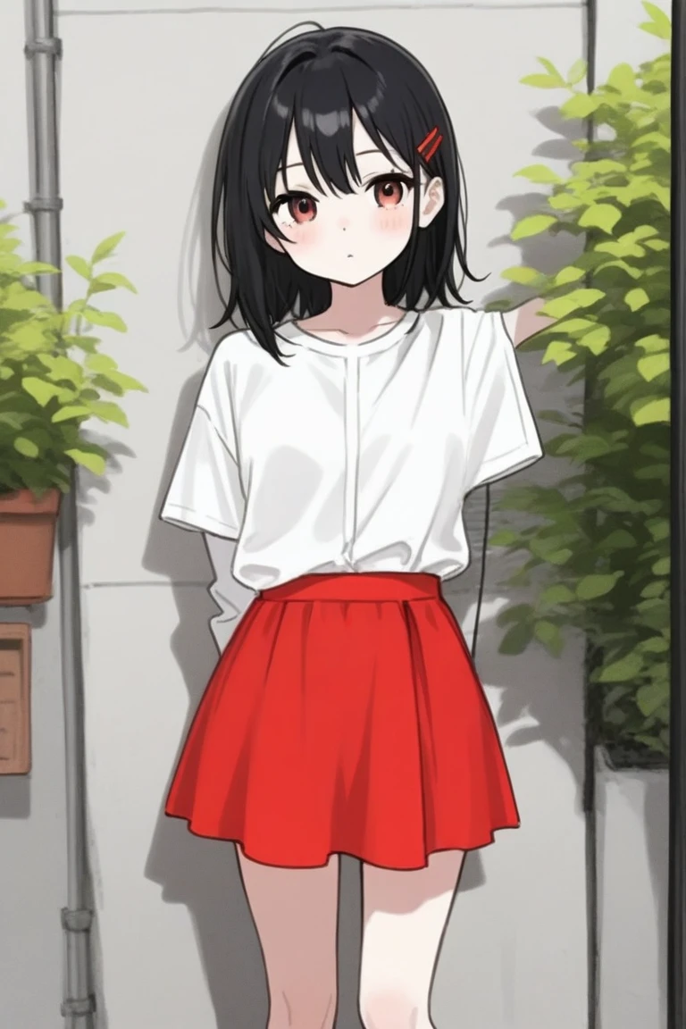 1girl, black hair, low twintails, green eyes, medium breasts, casual tight white t-shirt, red skirt, modern clothing, modern girl, ((tight clothes))