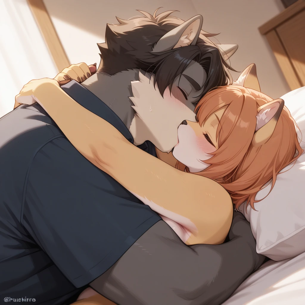 Dog boy and fox girl, 4k quality、High resolution、 Hand in hand、Deep Kiss、Drooling, Wearing a red collar、Feelings of love、Cute Face, Crying in bed、A special one just for the two of us,naked