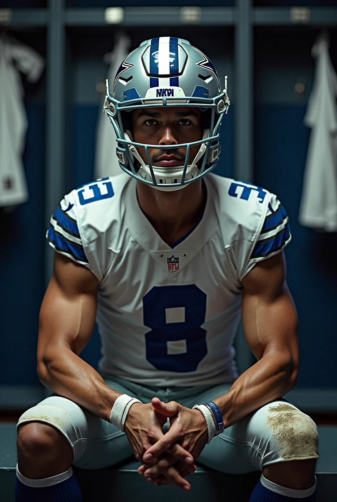 a photo of DPr35c0tt, a man, RAW, close portrait photo, (medium shot), (beard), blue and white american football clothes, stands in the background, football stadium, (high detailed skin:1.2), 8k uhd, dslr, soft lighting, high quality, film grain, Fujifilm XT3 sharp focus, f 5.6
