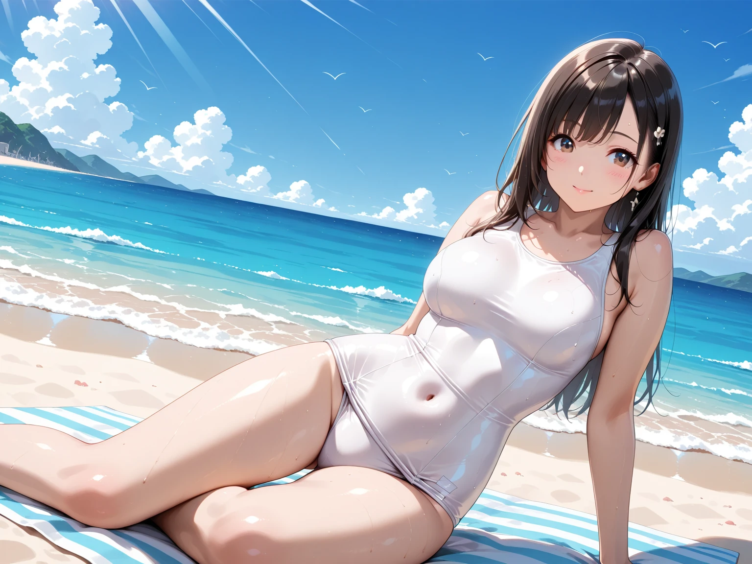 ((Top Quality)), ((Masterpiece)), ((Details)), perfect face, perfect body, sitting by the beach, listening to music, wearing headphones, wearing swimsuit, transparent swimsuit, wearing clothes exposing tight hips and breasts Woman with face visible, sitting with legs apart
