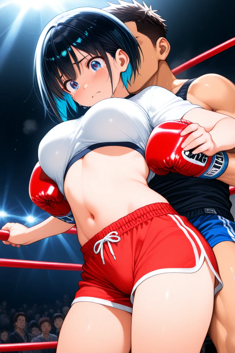 Two young beautiful Japanese idol mixed martial artists。bikini。On the ring。are fighting。punch。serious expression。muscle。six pack。drenched in sweat。