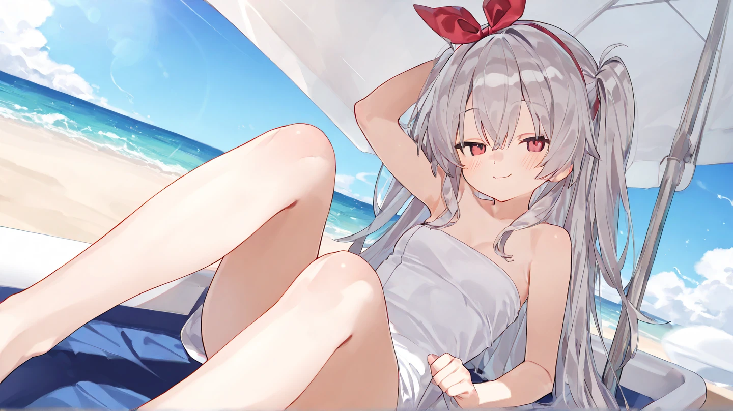 ((8K, Highest Quality, Best:1.3)), Ultra High Resolution, (1 Girl, 1 Person), (Color Changing Eyes, Super Detailed, Expressive Sparkle, Sparkling, Glowing Eyes), Highly Detailed Eyes, Highly Detailed Face, Random Hair, (Silver Gray Color)) ,(Sitting with Knees Up on rugs, spread legs),A seductive woman in a swimsuit. The background is a luxury tent on a tropical beach, with cushions and rugs in the interior that exude a resort feel. A beautiful sunset can be seen in the distance on the beach, creating a contrasting landscape with the orange sky and the deep blue sea. The woman has long silvery hair swept back and is wearing a light pink bikini. The top of the bikini is decorated with ruffles and ribbons, while the bottom is a simple design. The angle is from inside the tent, looking up from a little below, capturing her lying in the tent and relaxing on a beach cushion. She is blushing and smiling modestly, and the interior of the tent and the light of the sunset in the background give the whole thing a fantastical glow.