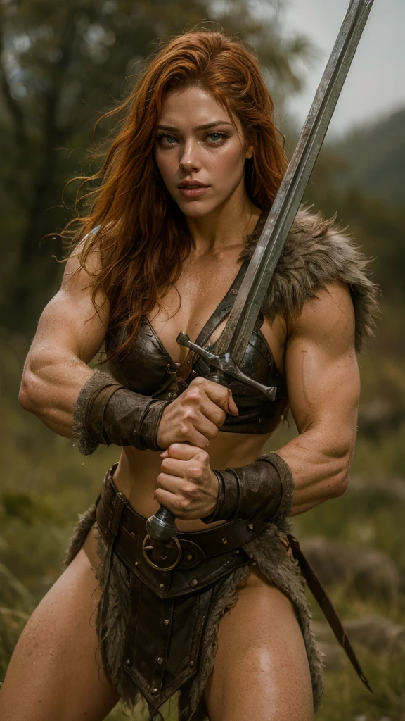 Big muscular realistic full body savage warrior woman. sweet face. Wavy red hair, extremely detailed big yellow round hawk eyes, golden eyes, huge breasts, and muscular body. Woods background. brown chainmail upper armor.