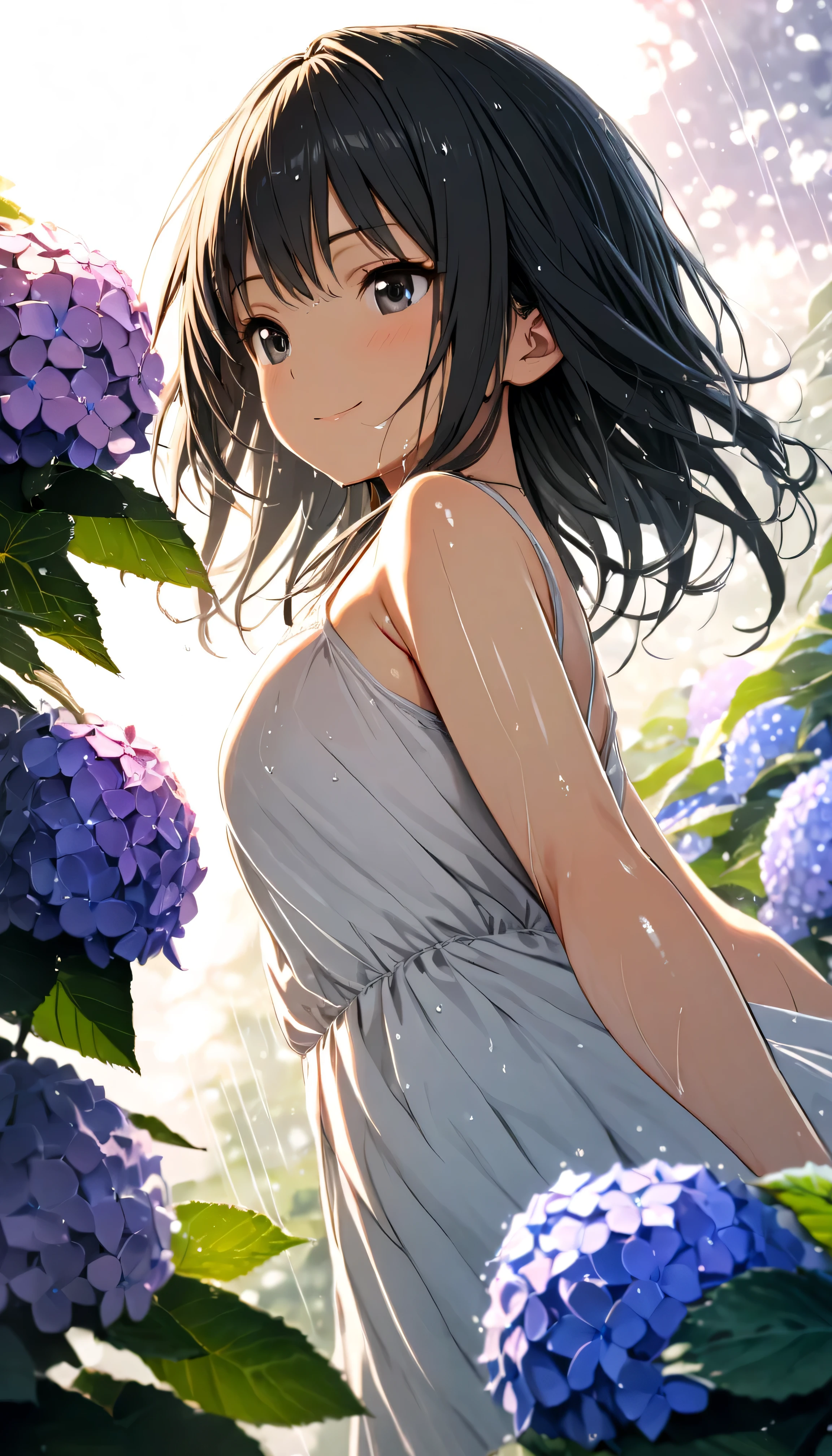 masterpiece, best quality, ultra-detailed, 8k, high resolution, Gentle colors, soft focus, dreamy background, White background, Hydrangea background, Delicate and dynamic, light rain, The wind is blowing, 1 girl, Long white camisole dress, Wet and shiny black hair, Wet and shiny skin, smile, young, Short stature, Dynamic pose, Dynamic Angle, Angle from below, in the soft glow of early morning light, Light from the front