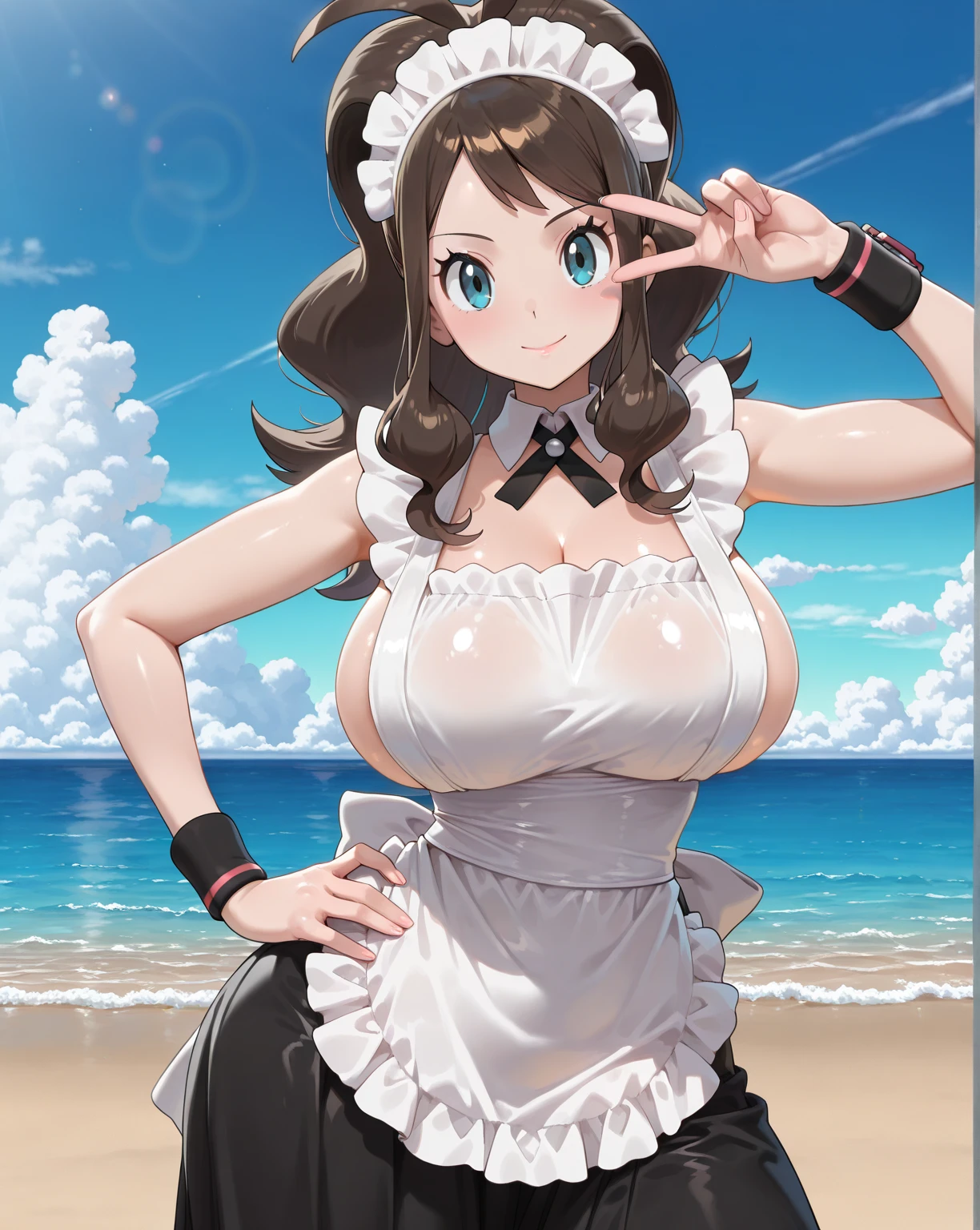 alone, One girl, smile, View your viewers, Crown Blade, hair ornaments, Hair Ribbon, Pink tie, Black long sleeve, Pink Skirt, Knee socks, Cleavage, grassland、Black Hair、Red Eyes、(blush:1.5)、Waterfront、(Her skirt flutters, exposing her pink underwear:1.5)