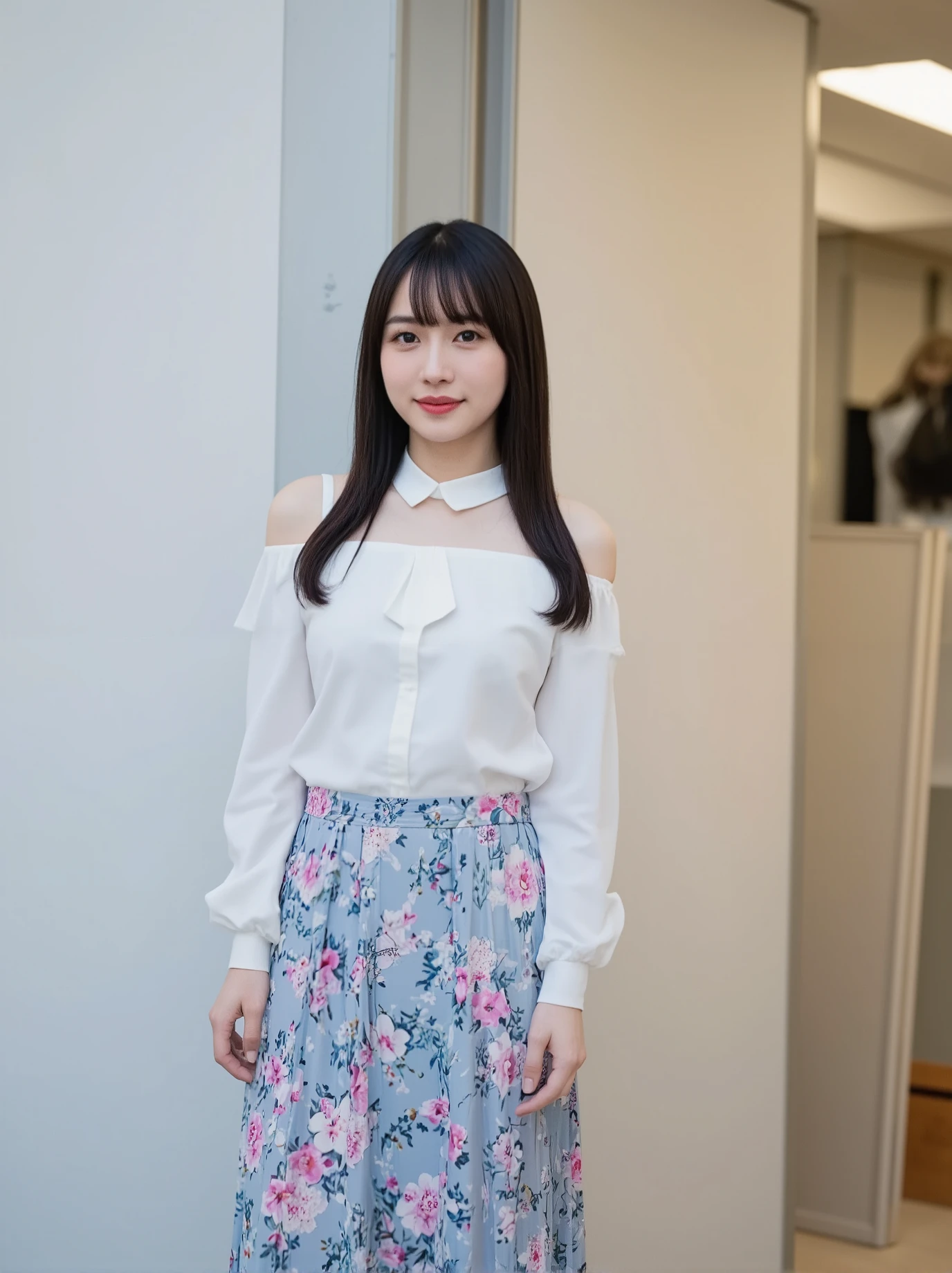 (オフショルダーのレオタードを着た大peopleの女性1people々),with beautiful dark hair,Super straight hair,with bangs,(( Flutter Hair )), 現実的なpeople物画像,realism,top quality,mastepeice ,top quality,best image quality,highest resolution,Fine Details,beautiful detailed face,black eyes,((Realistic Skin)),Detailed Background,( 正確なupper body),(perfect upper body),(((upper body))),((realismのある肌)),(Smile Yan),(((super big ))),(((wears a plain white off-the-shoulder cut and sew))),((( wear a long floral skirt))),(((Walking and standing down the street))),((((Big breasts))),((カットソーを着たpeople物)),((((walking around the office)))),