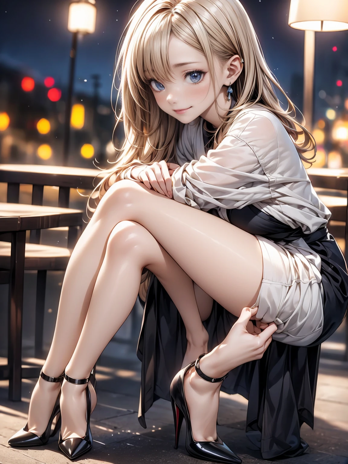 (tmasterpiece,top-quality,best qualityer,offcial art,Beauty and aesthetics:1.2),(1girll:1.5),extremy detailed,(s fractal art:1.3),rich colourful,highest details,s the perfect face,sitting on steps, hdr, Full background,(DOA:1.3), skirt,Small top,(light stre),striking visual effects,dynamic streaks,Luminous trajectory,vivd colour,Bare legged,Small leather shoes,White cotton socks,There is lace on the socks, Perfect leg shape, ((leg ring)), Solo , Looks sweet, smile, looking at viewer, (Lace socks:1.2), JK, Lace, Single horsetail, hair splayed out, Cortical leg ring, Lace leg ring, almost reveal panties, small skirt to the knee, One hand lifted the skirt to reveal part of the panties, ((no shoes)), beautiful face, nice legs, Full body appearance, One foot is reached for the camera, without wearing shoes, Wear only socks, The socks have lace, an off-the-shoulder top, The sleeves are translucent, Short skirt of medium length, Lift the skirt with one hand, Disgusted eyes, Two feet exposed, White stockings with lace trims, ((loose socks))